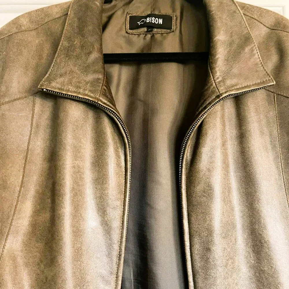 Bison Italian Leather Jacket Khaki Brown Size 52 XL Made in Italy Vintage - Picture 2 of 9